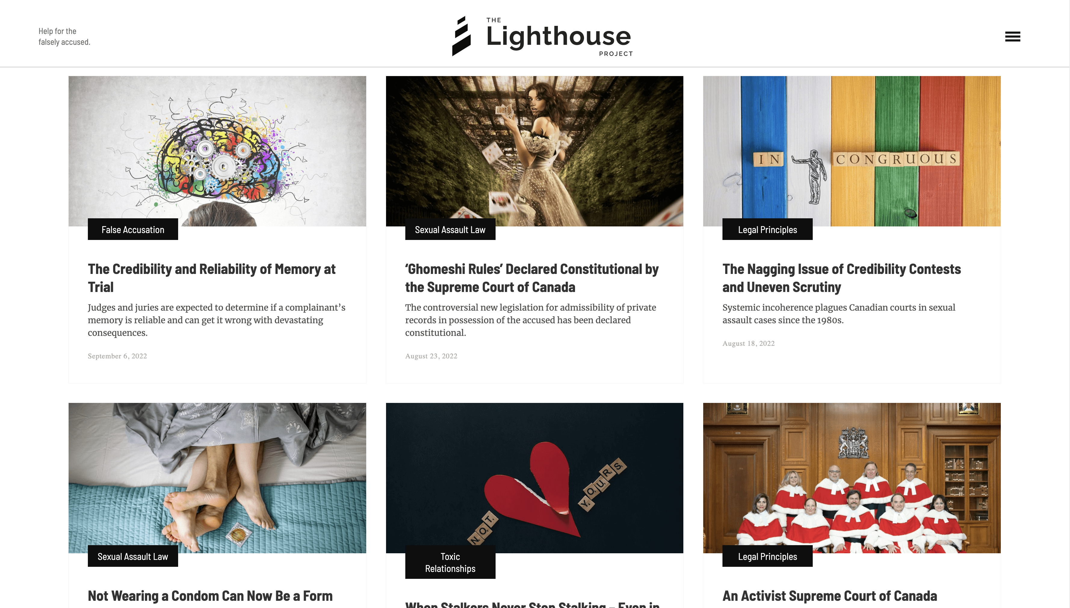A list of articles on thelighthouseproject.ca styled as cards.