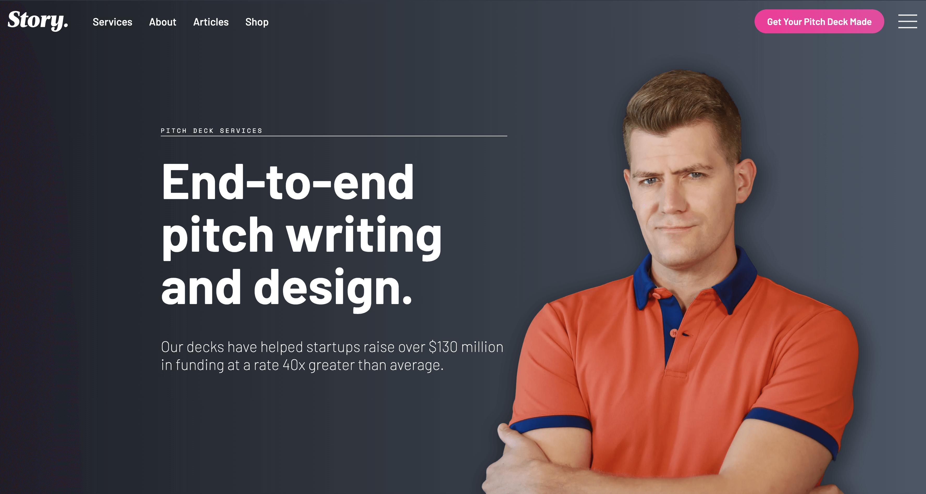Keane Angle poses on the homepage of Story Pitch Decks.