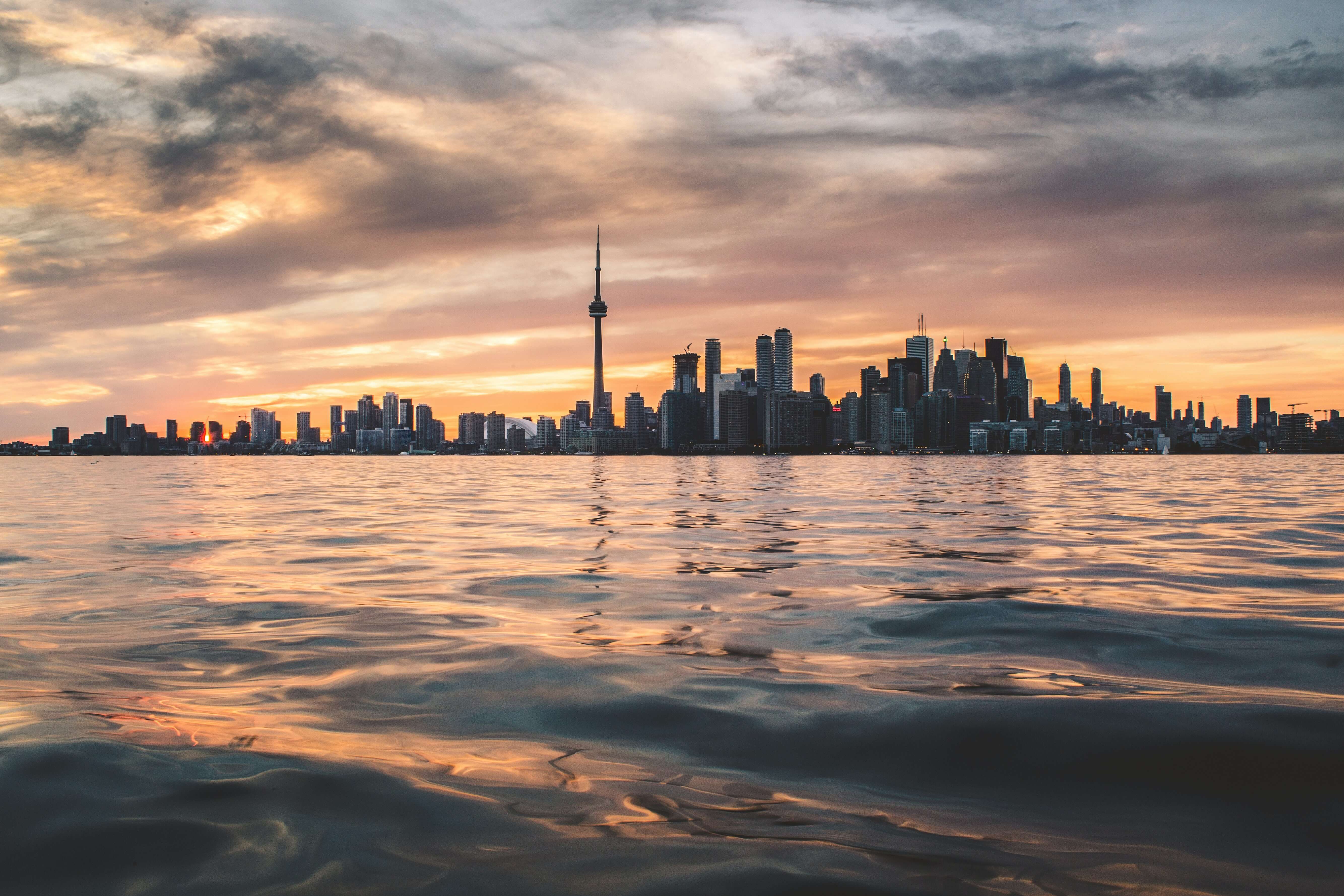 The Toronto skyline seated just above the water.